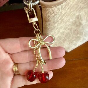 NEW Red Cherry and GoldTone Bow Keychain Bag Charm